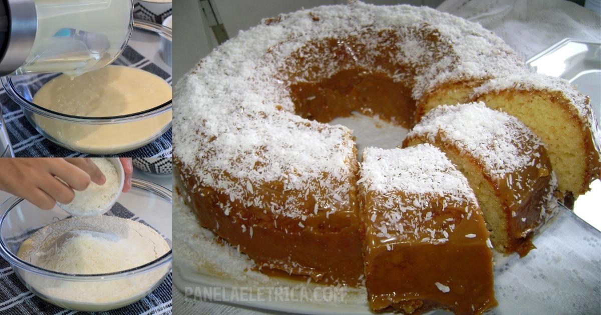 Bolo de coco de liquidificador, com calda e coco ralado por cima fica divino